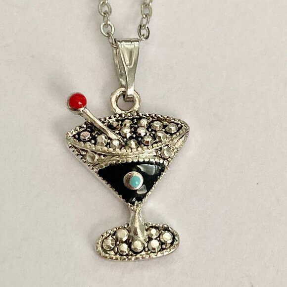 Martini Cocktail Drink Cup Glass Charm Necklace Pendant Black Enamel 18" Chain - Picture 2 of 9